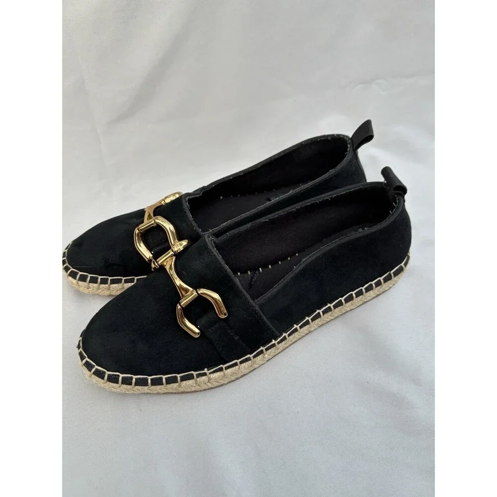 Zara Black Swede  Espadrille Flats with Gold Buckle 39